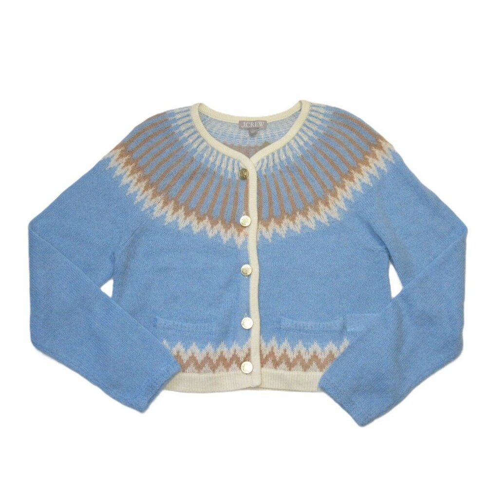 NWT J.Crew Fair Isle Cardigan in Frosted Tundra Snow Brushed Yarn Sweater L